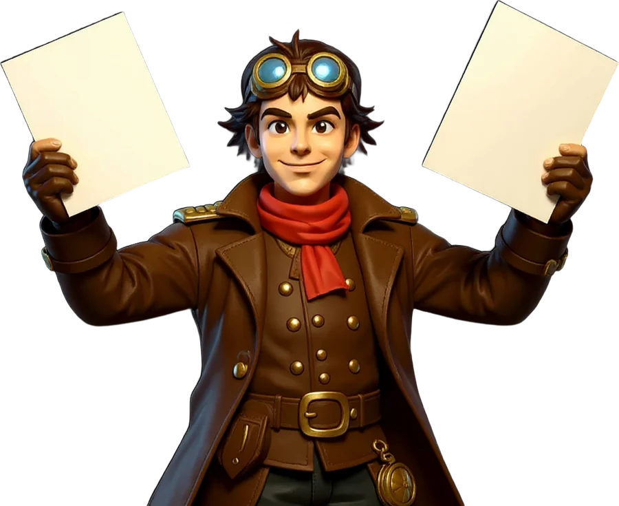 A FastGamesAPI character holding up two sheets side by side to compare them